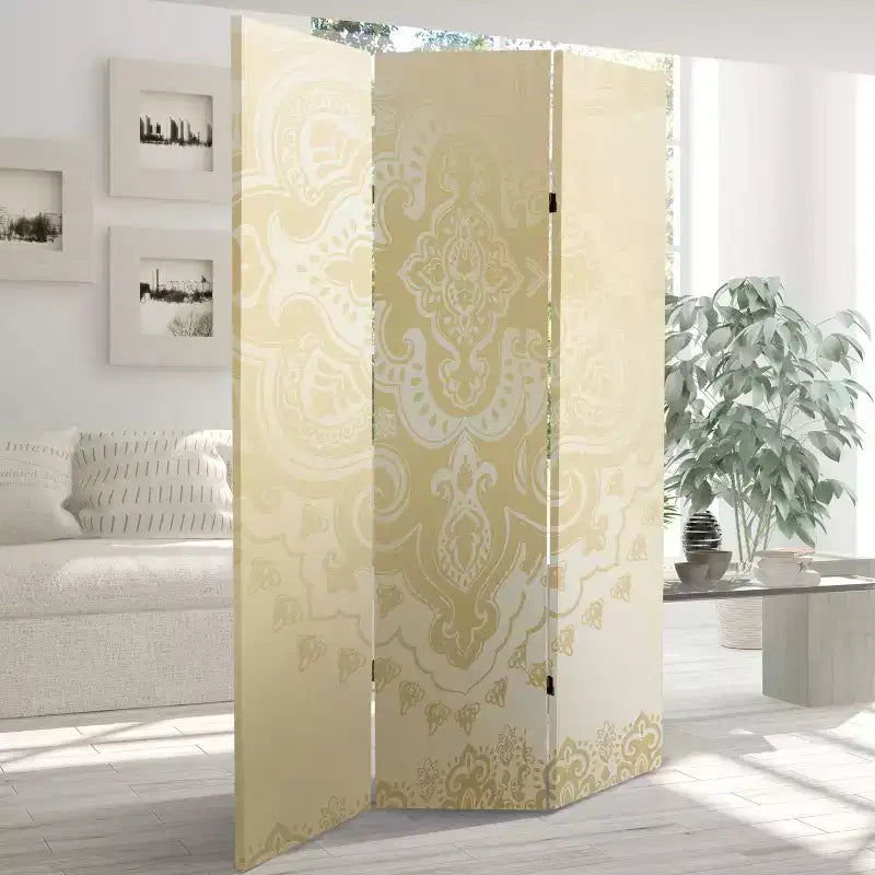 Paravento in tela con motivo mandala su entrambi i lati, color avorio: paravento regolabile a 3 pannelli, struttura in legno di abete