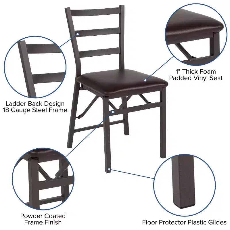 Confezione da 2 sedie in metallo marroni della serie Folding Ladder Back con seduta in vinile marrone
